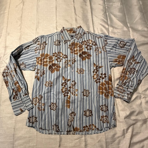 Men’s 7 Diamonds Floral Striped Shirt - Blue and Brown Long Sleeve Beach Large - Picture 1 of 8
